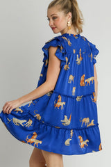 Umgee Full Size Cheetah Print Notched Ruffle Layered Cap Sleeve Mini Dress Plus Size