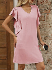 Ruffled V-Neck Cap Sleeve Mini Dress