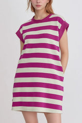 Stripe Cap Sleeve Pocketed Shift Tee Dress