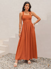 Crisscross Back Smocked Square Neck Maxi Dress