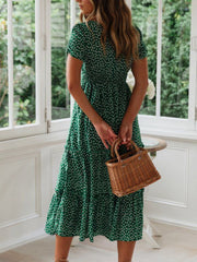 Printed Square Neck Short Sleeve Midi Dress