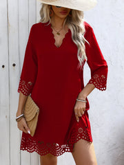Cutout V-Neck Three-Quarter Sleeve Mini Dress