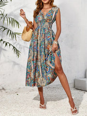 Smocked Printed Surplice Sleeveless Midi Dress