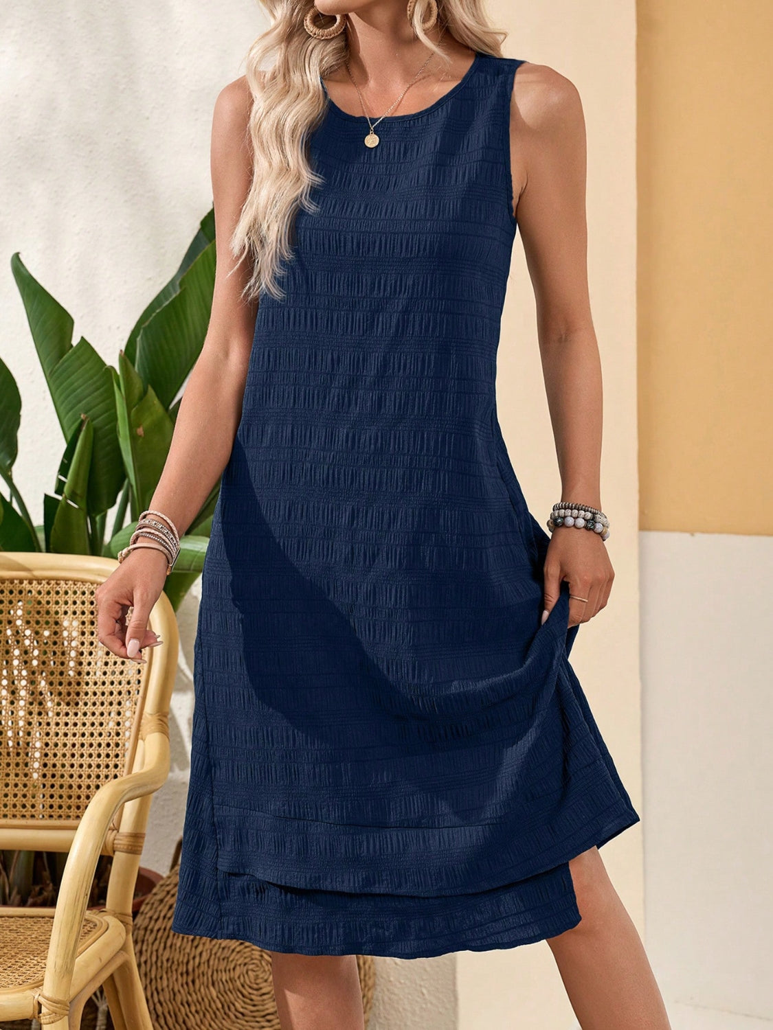 Ruffled Textured Round Neck Sleeveless Dress