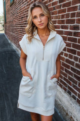 Textured Half Zip Collared Cap Sleeve Mini Dress