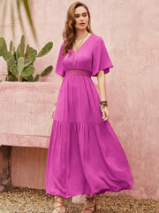 Lace Detail V-Neck Short Sleeve Midi Dress
