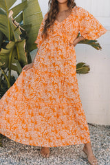 Floral Print Smocked V Neck Wide Sleeve Maxi Dress