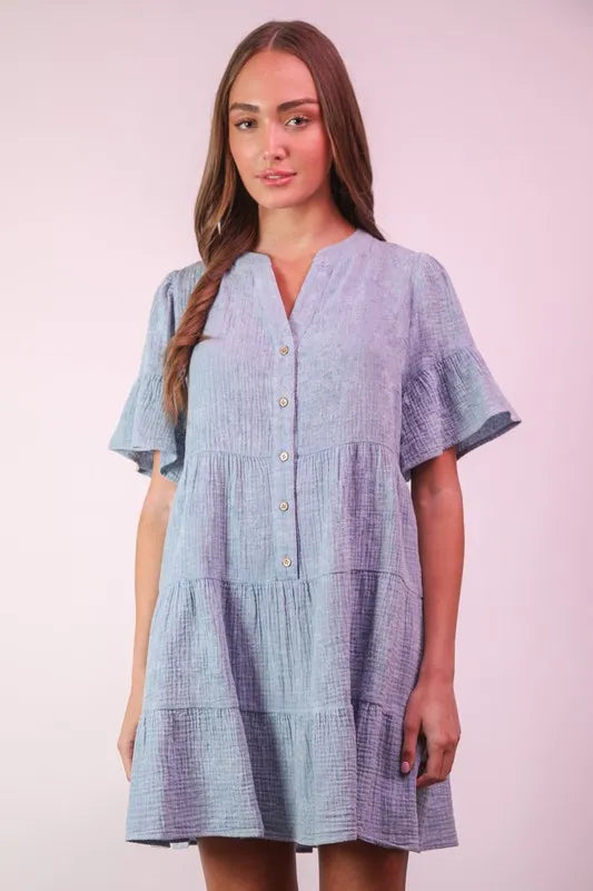 VERY J Mineral Washed Baby Bell Sleeve Woven Mini Dress