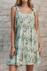 Smocked Printed Tie Shoulder Mini Cami Dress