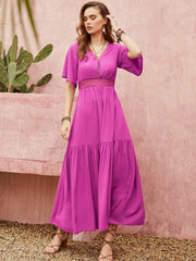 Lace Detail V-Neck Short Sleeve Midi Dress