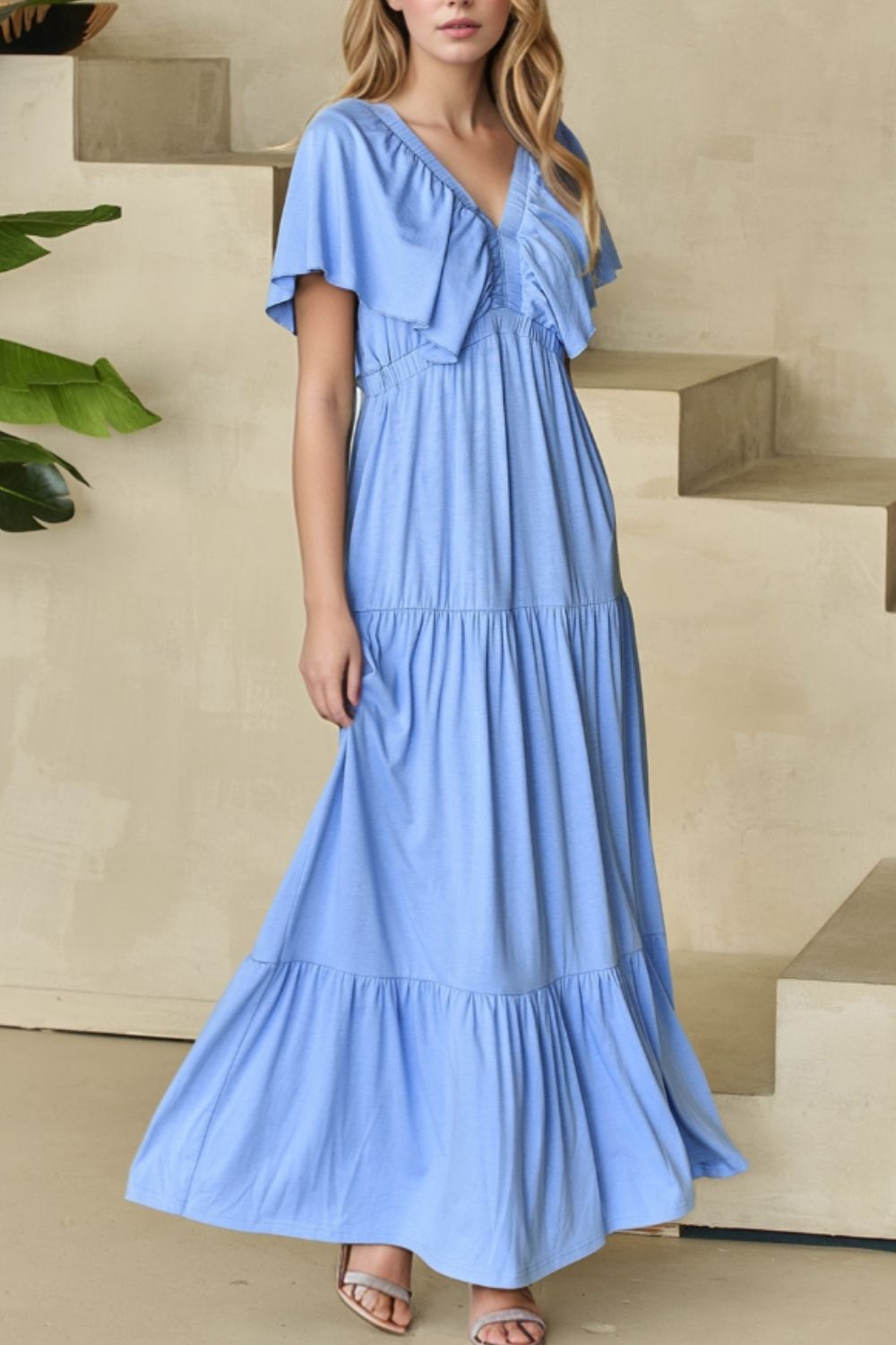 Ruffled V Neck Flutter Sleeve Maxi Dress