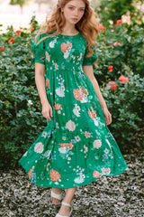Floral Print Bubble Sleeve Smocked Tiered Midi Dress