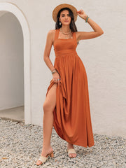 Crisscross Back Smocked Square Neck Maxi Dress