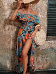 Ruffled Printed Off Shoulder Maxi Dress