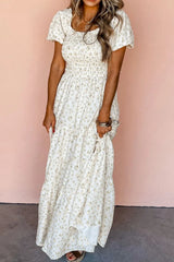 Floral Smocked Short Puff Sleeve Maxi Dress
