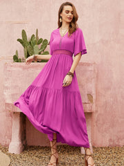 Lace Detail V-Neck Short Sleeve Midi Dress
