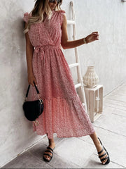 Ruffled Surplice Printed Cap Sleeve Dress