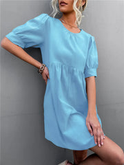 Round Neck Puff Sleeve Mini Dress