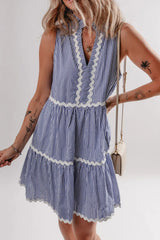Stripe Sleeveless Notched Ric Rac Mini Dress
