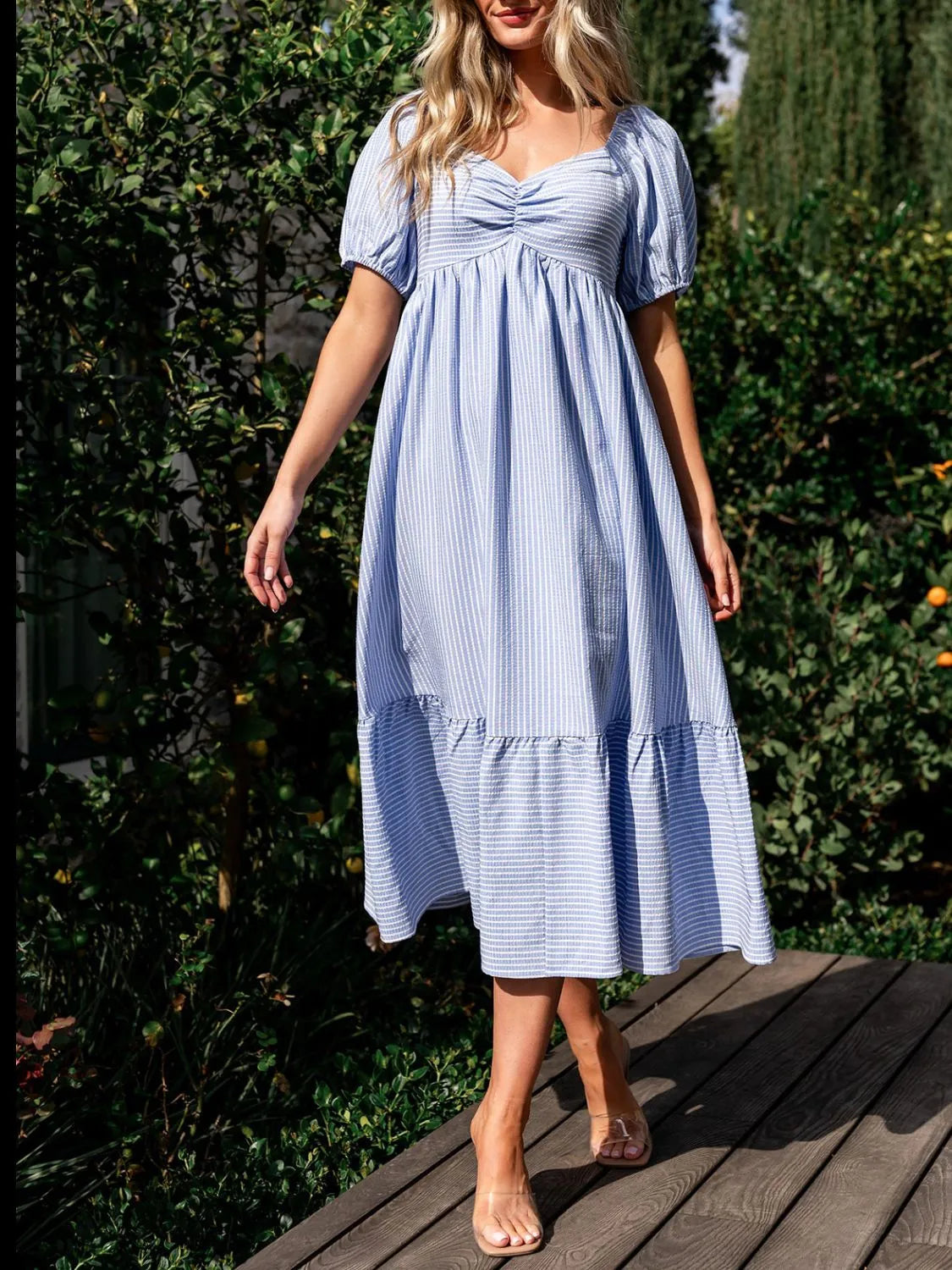 Striped Sweetheart Neck Puff Sleeve Midi Dress