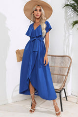 Tied Front Ruffled Short Sleeve Midi Dress