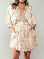 Floral V-Neck Balloon Sleeve Dress