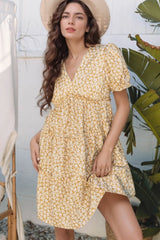 Floral Short Sleeve Surplice Frilly Tiered Mini Dress
