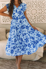 Floral Print Tiered Frilled Trim Flutter Sleeve Dress