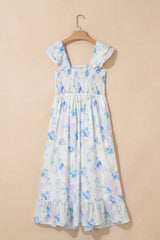 Floral Smocked High Waist Double Ruffle Sleeveless Long Dress