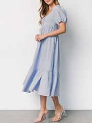 Striped Sweetheart Neck Puff Sleeve Midi Dress