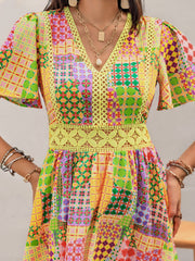 Crochet Trim Printed V-Neck Short Sleeve Mini Dress