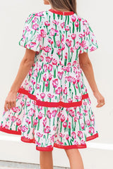 Floral Print Contrast Trim V Neck Bubble Short Sleeve Babydoll Dress