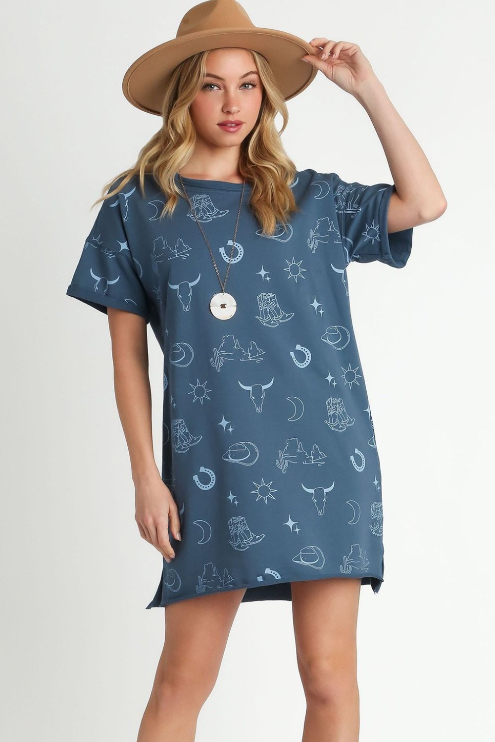 Umgee Full Size French Terry Short Sleeve Round Neck Dress Plus Size