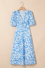Floral V Neck Puff Short Sleeve Flowy Dress
