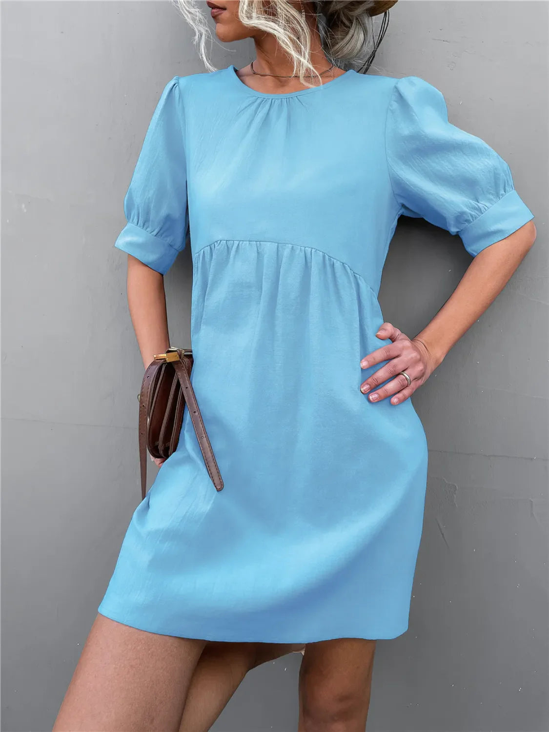Round Neck Puff Sleeve Mini Dress