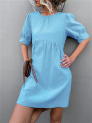 Round Neck Puff Sleeve Mini Dress