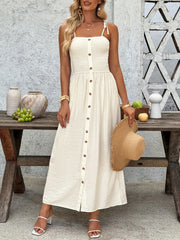 Smocked Button Front Tie Shoulder Dress