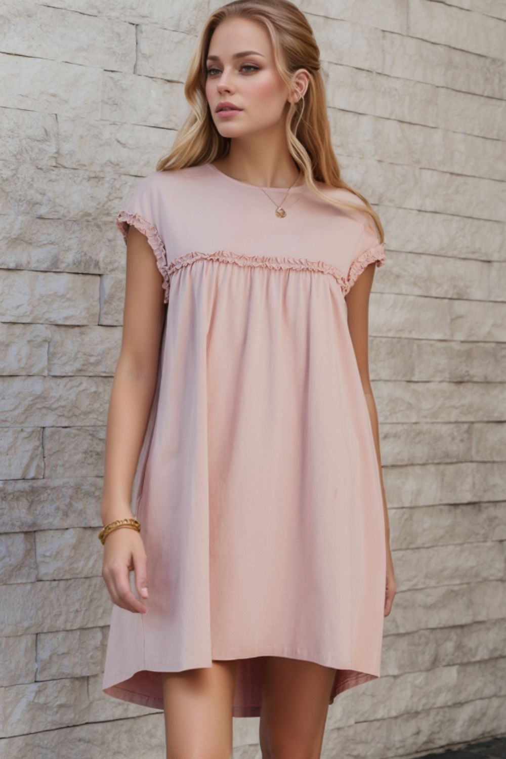 Frilled Trim Crew Neck Cap Sleeve Loose Fit Mini Dress
