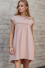 Frilled Trim Crew Neck Cap Sleeve Loose Fit Mini Dress