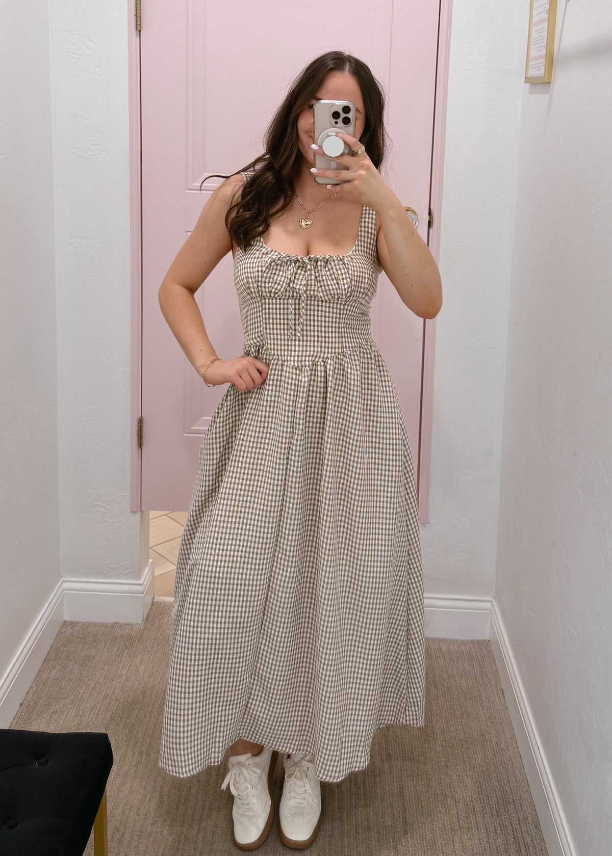 Gingham flowy brown bow midi dress