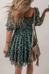 Smocked Square Neck Puff Short Sleeve Floral Dress
