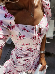 Ruched Floral Sweetheart Neck Mini Dress