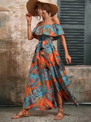 Ruffled Printed Off Shoulder Maxi Dress