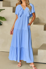 Ruffled V Neck Flutter Sleeve Maxi Dress