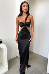 Alexia One Shoulder Satin Maxi Dress - Black