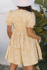 Floral Short Sleeve Surplice Frilly Tiered Mini Dress
