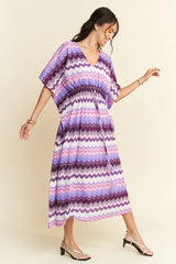 Davi & Dani Multi Color Wavy Tie Waist Flowy Sleeve Dress