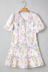 Printed Tie Neck Short Sleeve Mini Dress