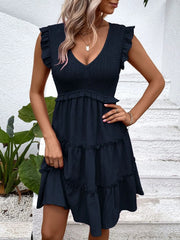 Ruffled V-Neck Cap Sleeve Dress