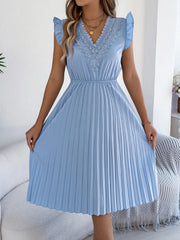 Lace Detail Ruffled Cap Sleeve Pleated Dress